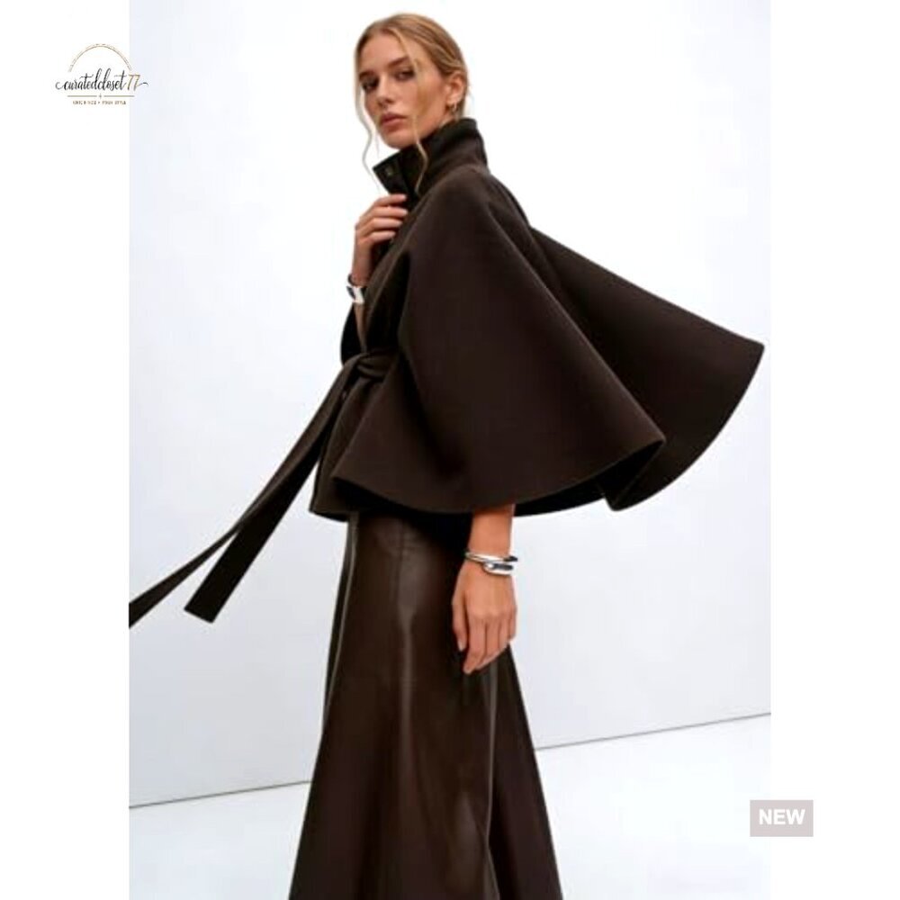Wool Blend Pea Coat Cape Batwing Sleeve Oversized Chic Winter Cropped Overcoat - Picture 4 of 7